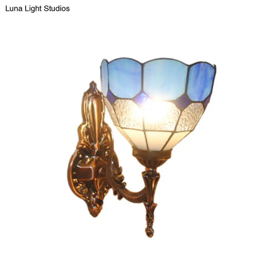 Tiffany Style Dome Stained Glass Sconce Light Fixture - Bedroom Wall Lamp (1-Light Blue/Gold/Tan)