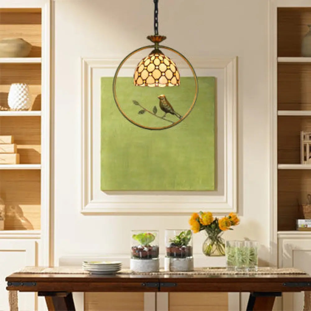 Tiffany-Style Dome Suspended Ceiling Light – Stainless Glass Pendant Lamp With Bird Accent Beige
