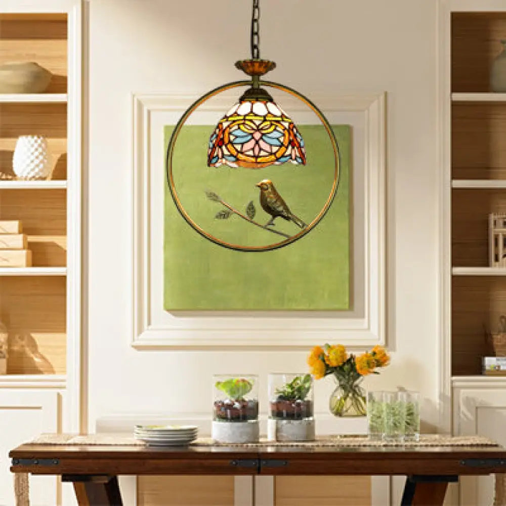 Tiffany Style Dome Suspension Lamp - Elegant Stainless Glass Pendant Lighting With Bird Accent Beige