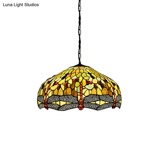 Tiffany-Style Domed Pendant Light With Dragonfly Pattern - Yellow Stained Glass 2 Bulbs