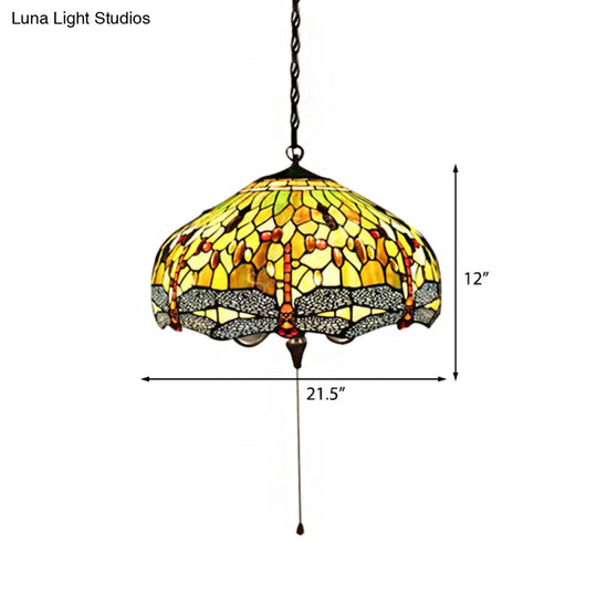 Tiffany-Style Domed Pendant Light With Dragonfly Pattern - Yellow Stained Glass 2 Bulbs