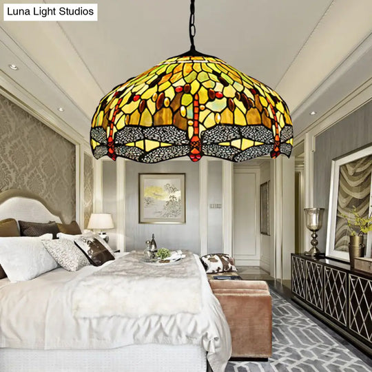Tiffany-Style Dragonfly Domed Pendant Light - Yellow Stained Glass 2 Bulbs Suspended Lighting