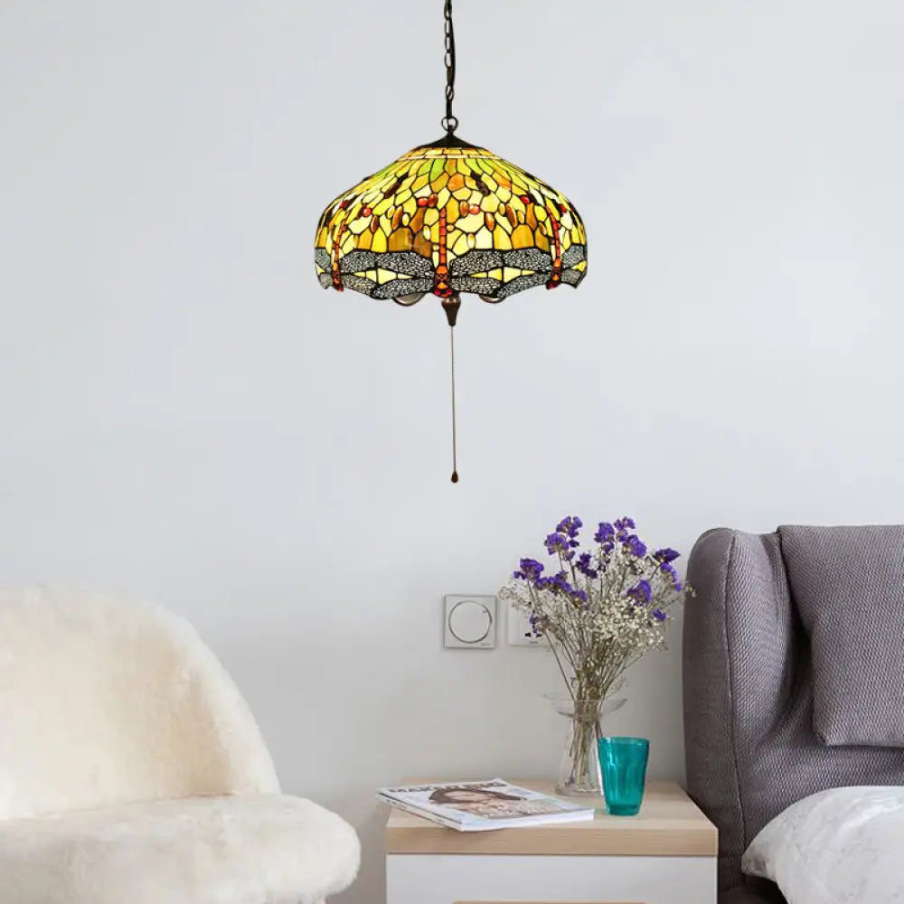 Tiffany-Style Domed Pendant Light With Dragonfly Pattern - Yellow Stained Glass 2 Bulbs