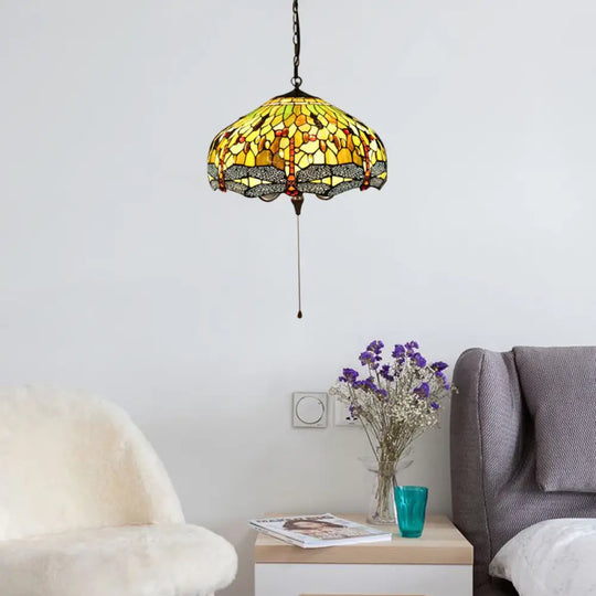 Tiffany-Style Domed Pendant Light With Dragonfly Pattern - Yellow Stained Glass 2 Bulbs