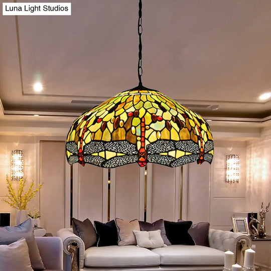 Tiffany-Style Dragonfly Domed Pendant Light - Yellow Stained Glass 2 Bulbs Suspended Lighting