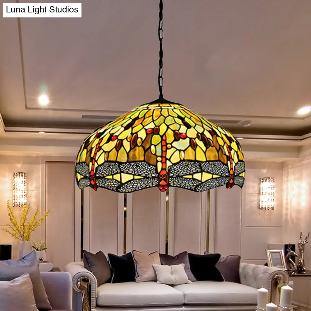 Tiffany-Style Domed Pendant Light With Dragonfly Pattern - Yellow Stained Glass 2 Bulbs