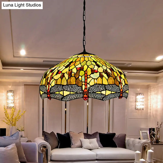 Tiffany-Style Domed Pendant Light With Dragonfly Pattern - Yellow Stained Glass 2 Bulbs