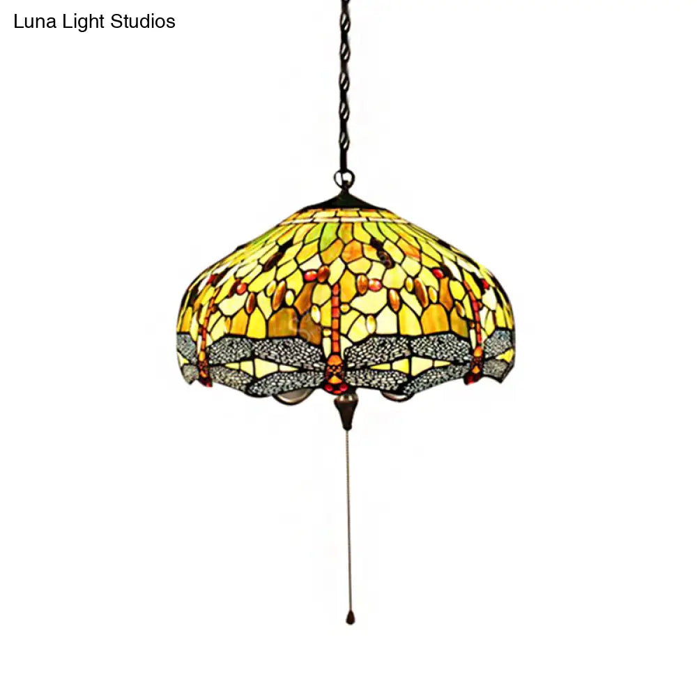 Tiffany-Style Domed Pendant Light With Dragonfly Pattern - Yellow Stained Glass 2 Bulbs