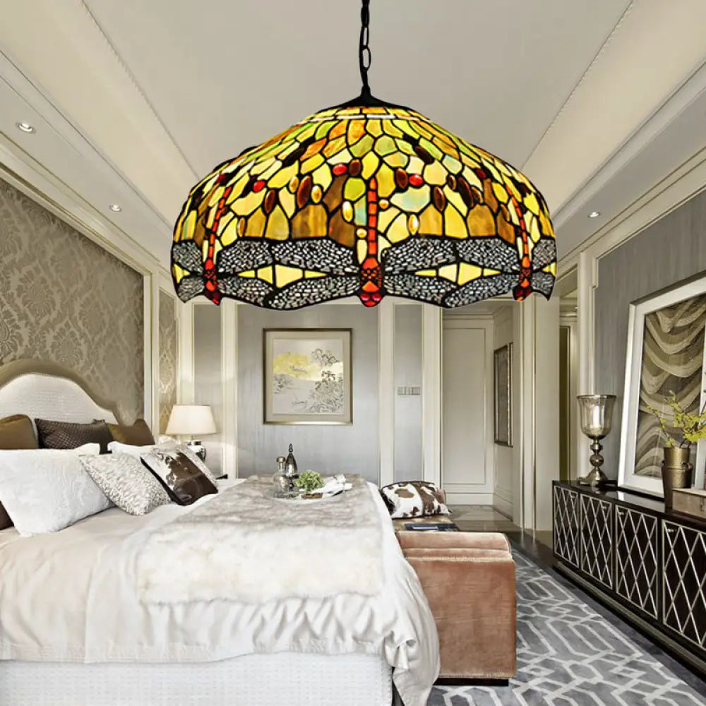 Tiffany-Style Domed Pendant Light With Dragonfly Pattern - Yellow Stained Glass 2 Bulbs