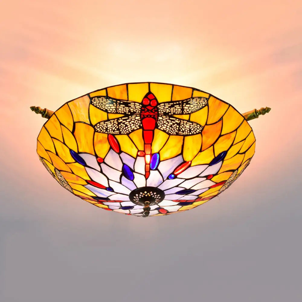Tiffany Style Dragonfly Ceiling Fixture - Stained Glass 5 - Light Semi Flush Mount Elegant Brass