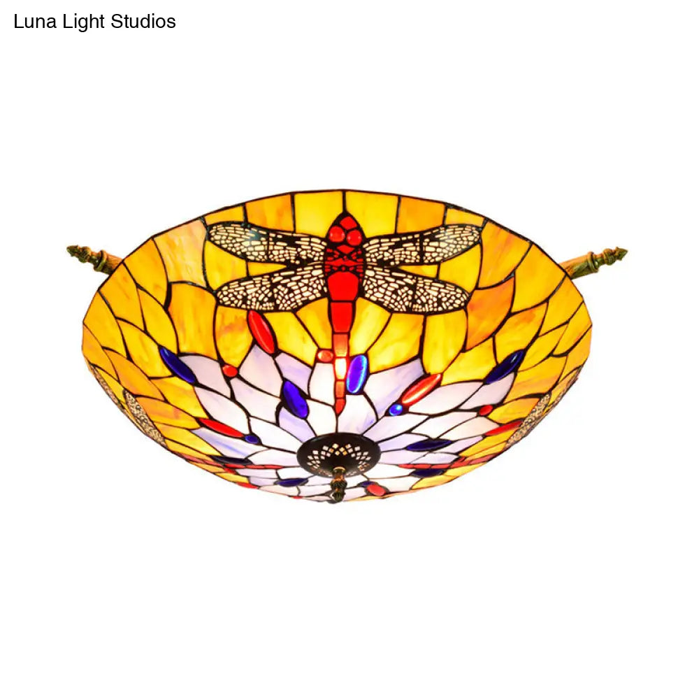 Tiffany Style Dragonfly Ceiling Fixture - Stained Glass 5 - Light Semi Flush Mount Elegant Brass