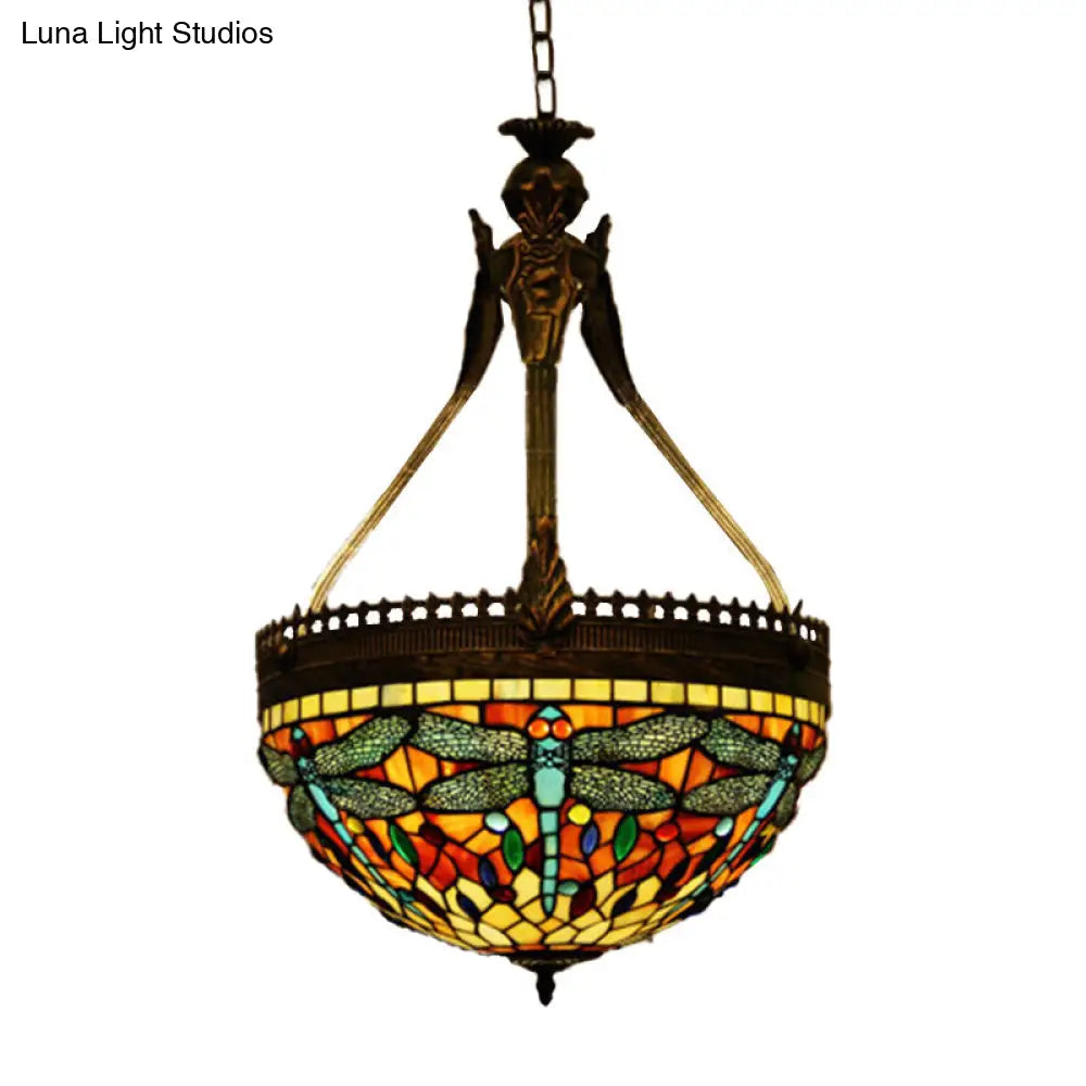 Tiffany Style Dragonfly Chandelier - 3 Light Stained Glass Hanging Lamp In Yellow/Orange/Pink And