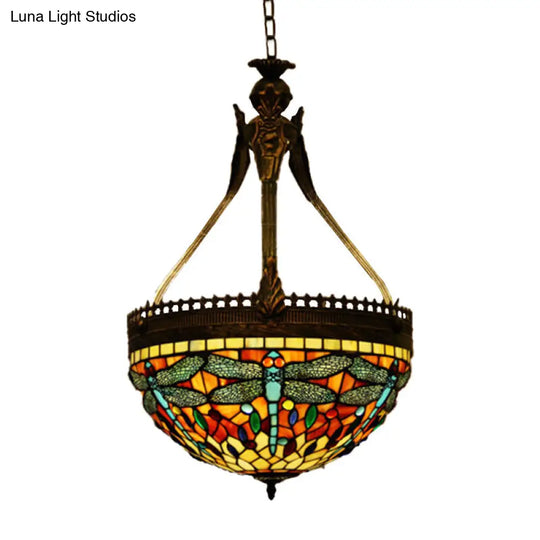 Tiffany Style Dragonfly Chandelier - 3 Light Stained Glass Hanging Lamp In Yellow/Orange/Pink And