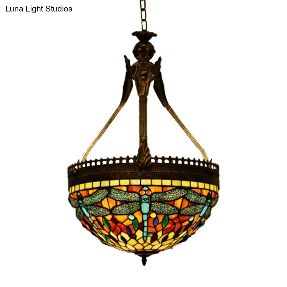 Tiffany Style Dragonfly Chandelier - Yellow/Orange/Pink & White Stained Glass Hanging Lamp 3 Lights