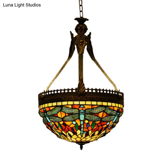 Tiffany Style Dragonfly Chandelier - Yellow/Orange/Pink & White Stained Glass Hanging Lamp 3 Lights