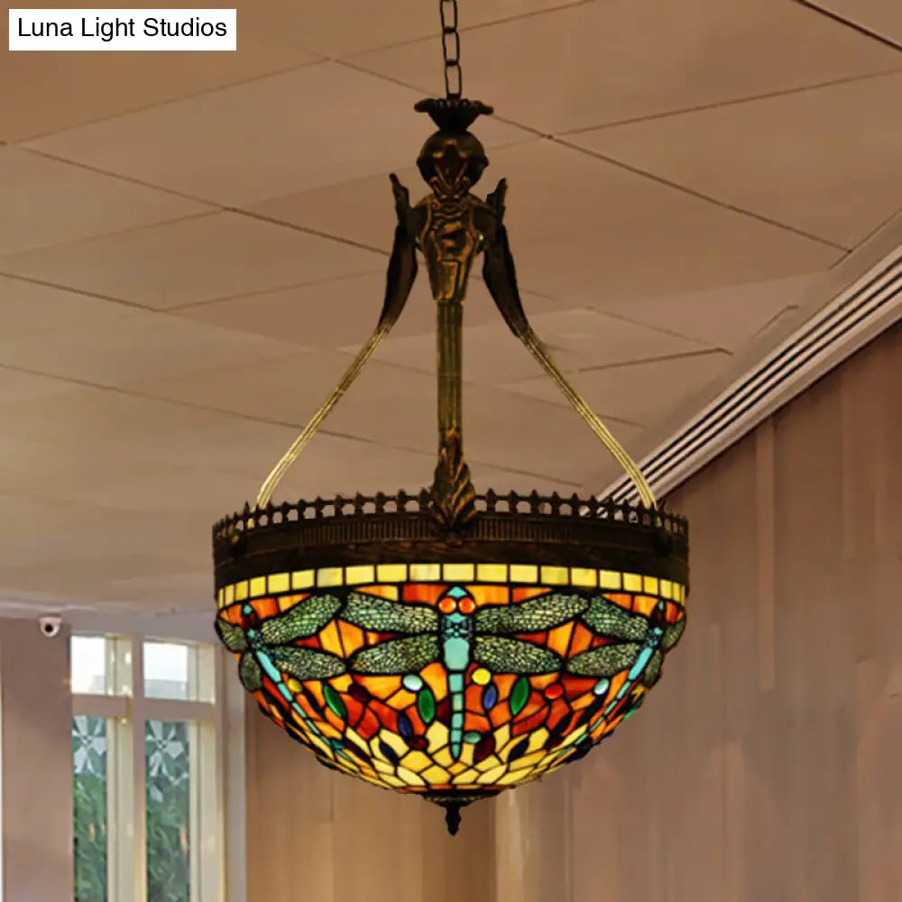 Tiffany Style Dragonfly Chandelier - 3 Light Stained Glass Hanging Lamp In Yellow/Orange/Pink And