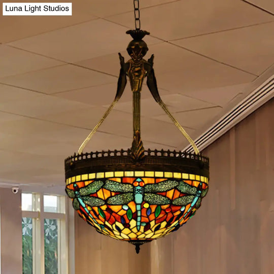 Tiffany Style Dragonfly Chandelier - 3 Light Stained Glass Hanging Lamp In Yellow/Orange/Pink And