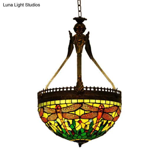 Tiffany Style Dragonfly Chandelier - 3 Light Stained Glass Hanging Lamp In Yellow/Orange/Pink And