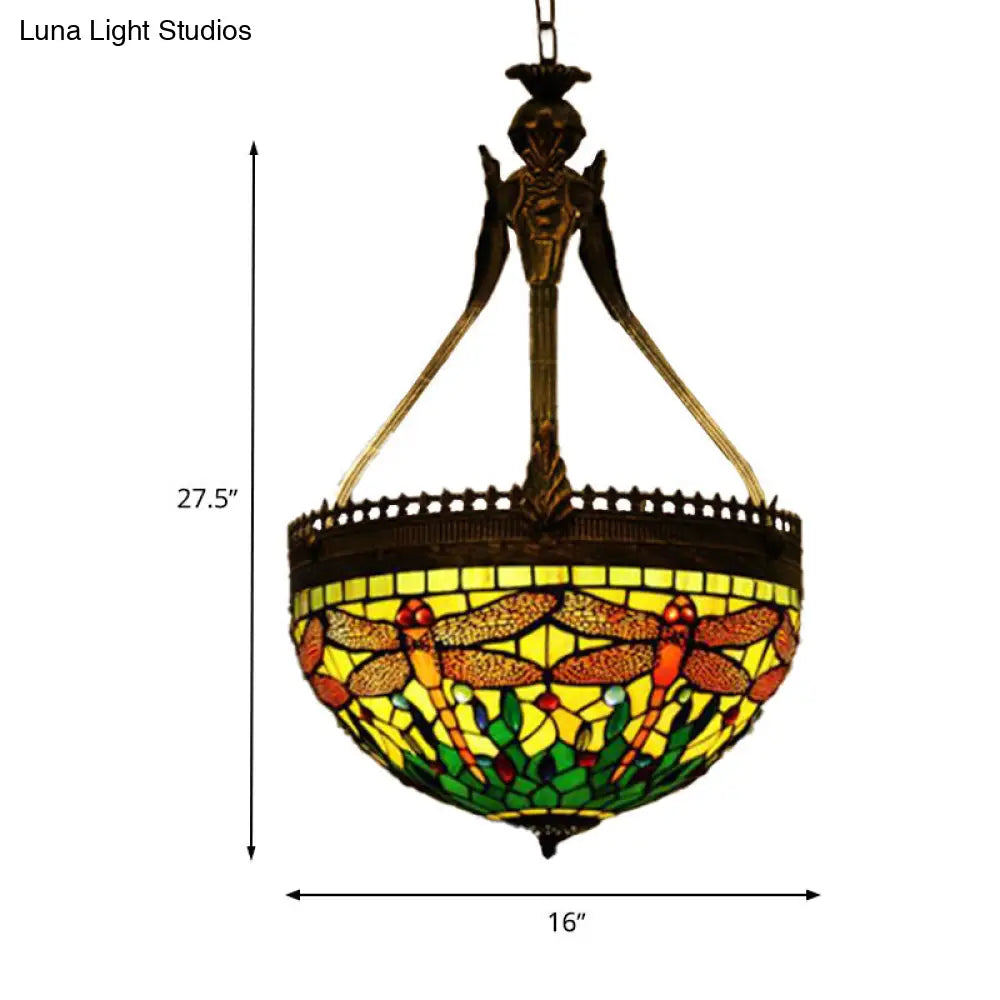 Tiffany Style Dragonfly Chandelier - 3 Light Stained Glass Hanging Lamp In Yellow/Orange/Pink And