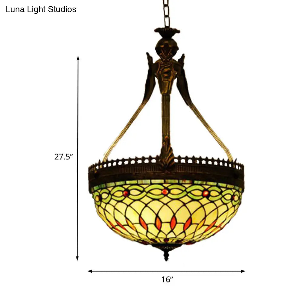 Tiffany Style Dragonfly Chandelier - 3 Light Stained Glass Hanging Lamp In Yellow/Orange/Pink And