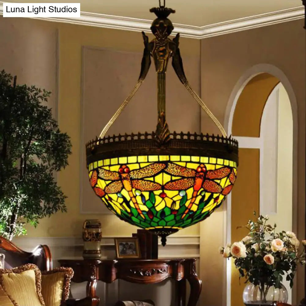 Tiffany Style Dragonfly Chandelier - 3 Light Stained Glass Hanging Lamp In Yellow/Orange/Pink And