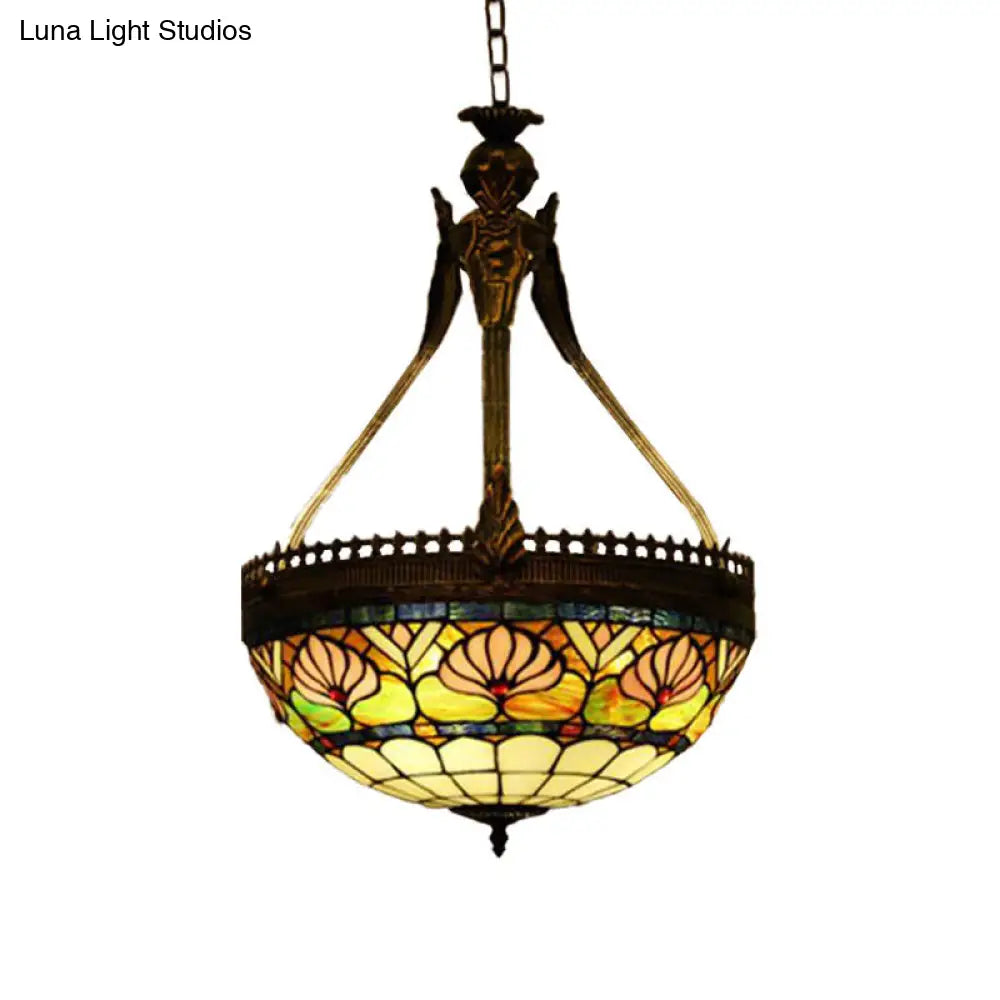 Tiffany Style Dragonfly Chandelier - 3 Light Stained Glass Hanging Lamp In Yellow/Orange/Pink And