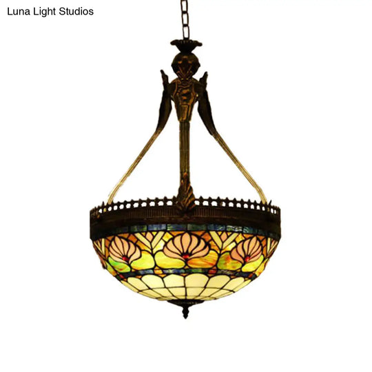 Tiffany Style Dragonfly Chandelier - 3 Light Stained Glass Hanging Lamp In Yellow/Orange/Pink And