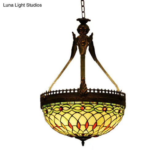 Tiffany Style Dragonfly Chandelier - 3 Light Stained Glass Hanging Lamp In Yellow/Orange/Pink And