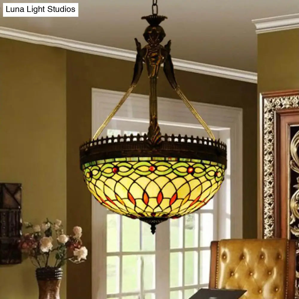 Tiffany Style Dragonfly Chandelier - 3 Light Stained Glass Hanging Lamp In Yellow/Orange/Pink And