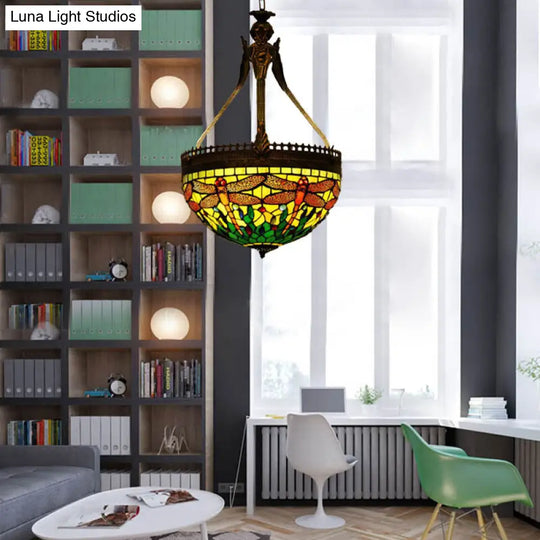 Tiffany Style Dragonfly Chandelier - 3 Light Stained Glass Hanging Lamp In Yellow/Orange/Pink And