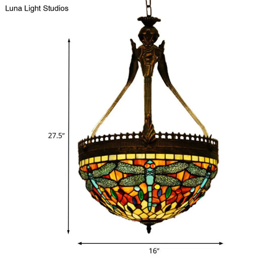 Tiffany Style Dragonfly Chandelier - 3 Light Stained Glass Hanging Lamp In Yellow/Orange/Pink And