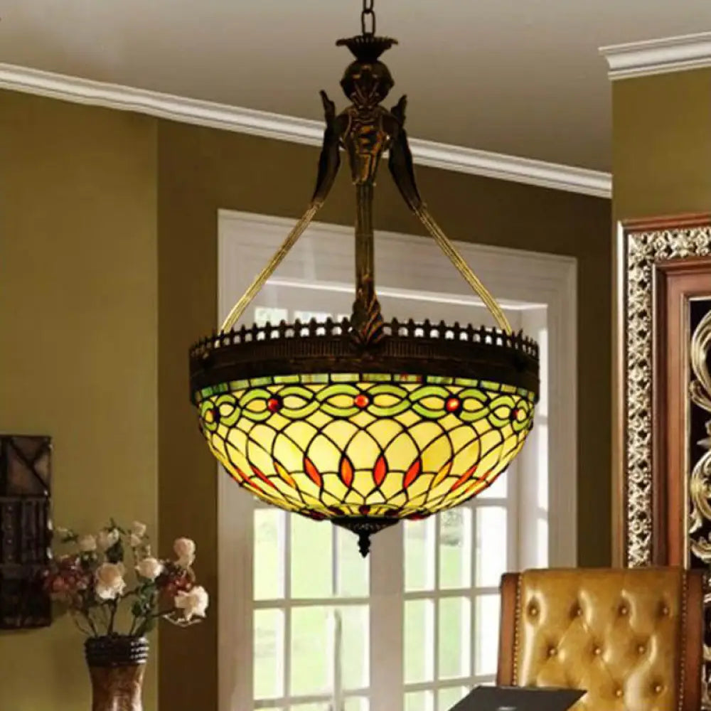 Tiffany Style Dragonfly Chandelier - Yellow/Orange/Pink & White Stained Glass Hanging Lamp 3 Lights