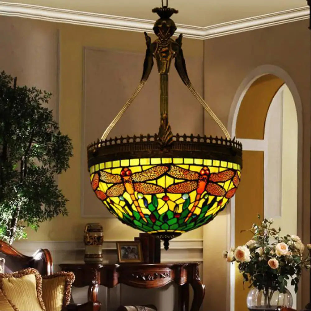 Tiffany Style Dragonfly Chandelier - Yellow/Orange/Pink & White Stained Glass Hanging Lamp 3 Lights