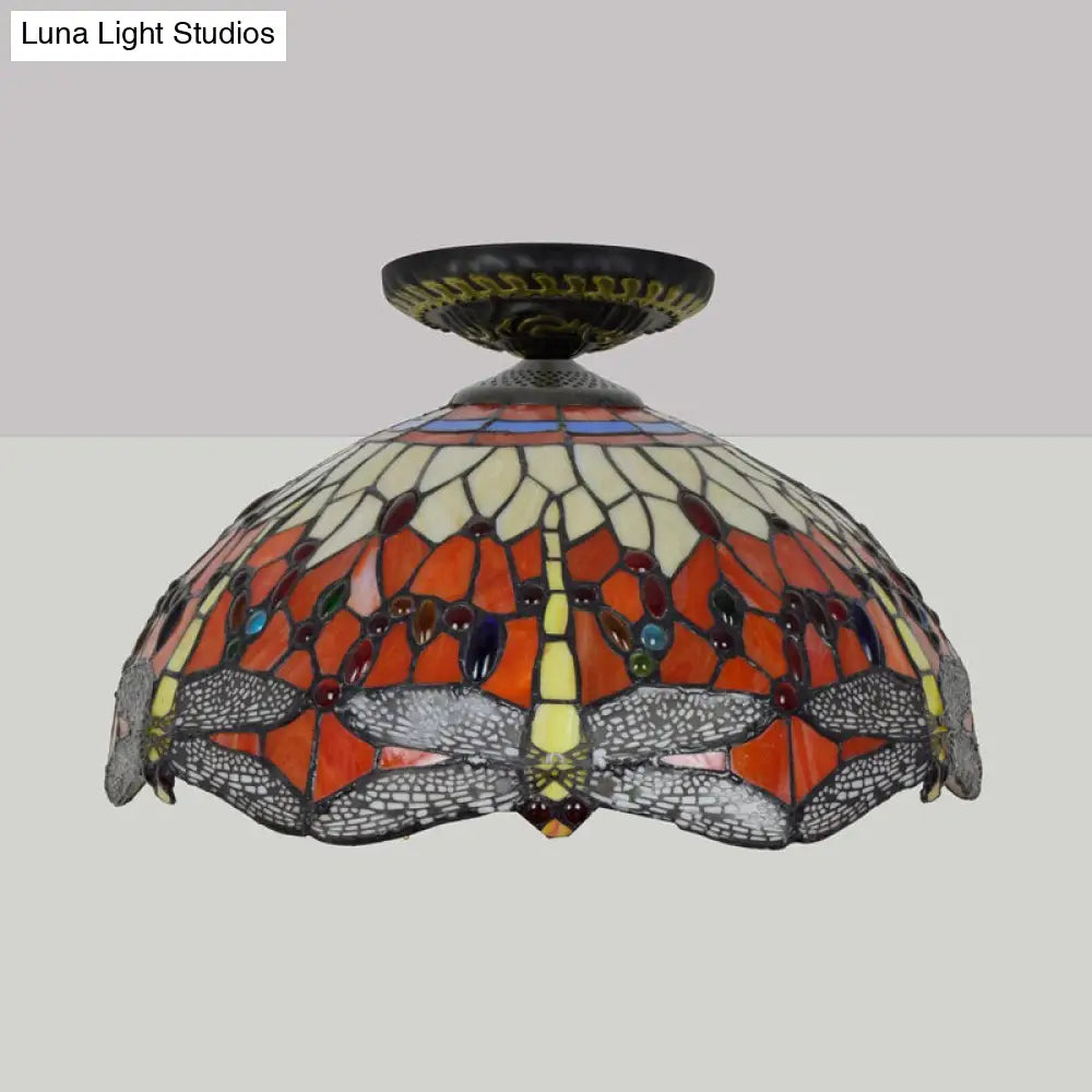 Tiffany-Style Dragonfly Cut Glass Ceiling Lamp - Brass Flush Mount Light Fixture 16/18 Width