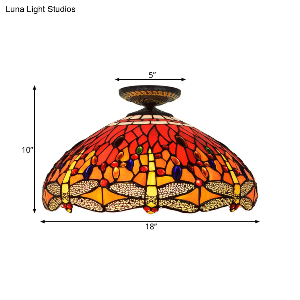 Tiffany-Style Dragonfly Cut Glass Ceiling Lamp - Brass Flush Mount Light Fixture 16’/18’ Width