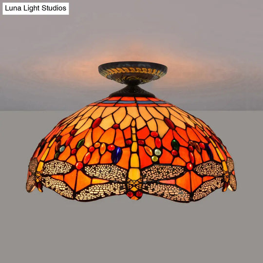 Tiffany-Style Dragonfly Cut Glass Ceiling Lamp - Brass Flush Mount Light Fixture 16’/18’ Width