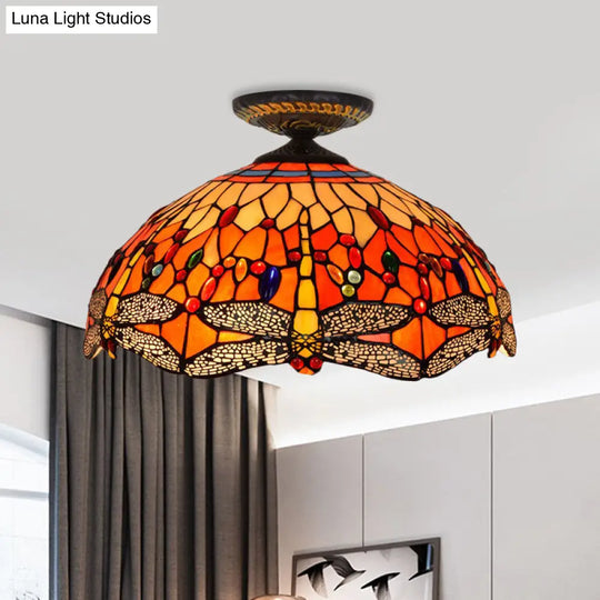 Tiffany-Style Dragonfly Cut Glass Ceiling Lamp - Brass Flush Mount Light Fixture 16/18 Width / 16