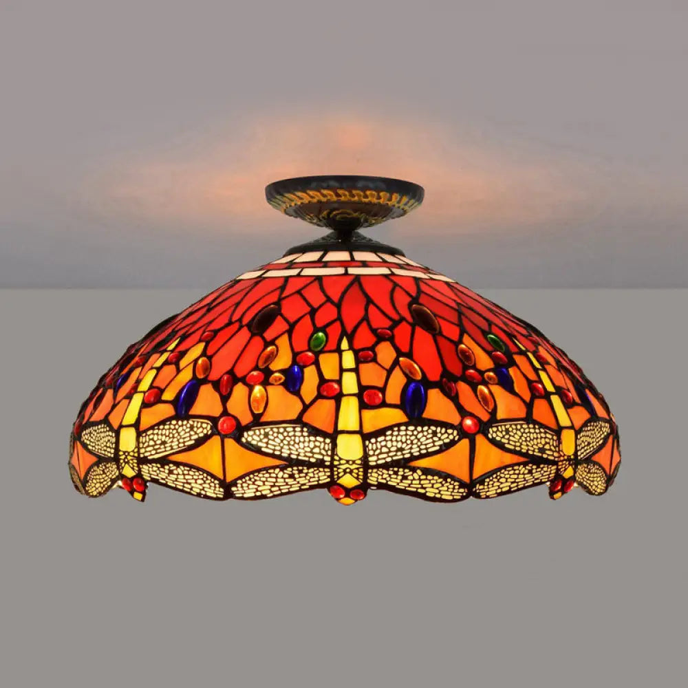 Tiffany-Style Dragonfly Cut Glass Ceiling Lamp - Brass Flush Mount Light Fixture 16’/18’ Width / 18’
