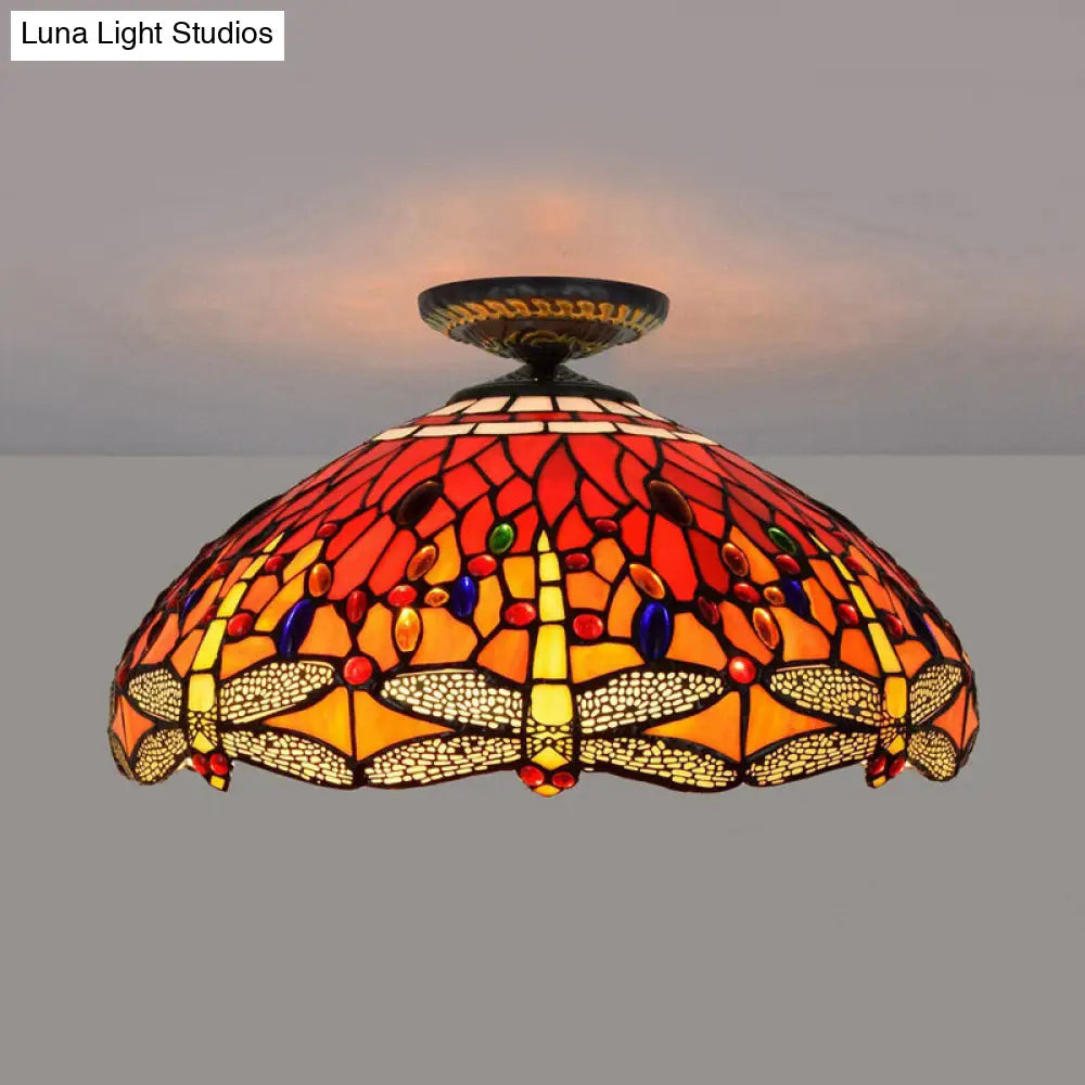 Tiffany-Style Dragonfly Cut Glass Ceiling Lamp - Brass Flush Mount Light Fixture 16/18 Width / 18
