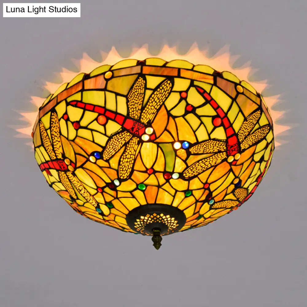 Tiffany-Style Dragonfly Cut Glass Ceiling Lamp - Bronze Flush Mount With 3 Heads Elegant Light