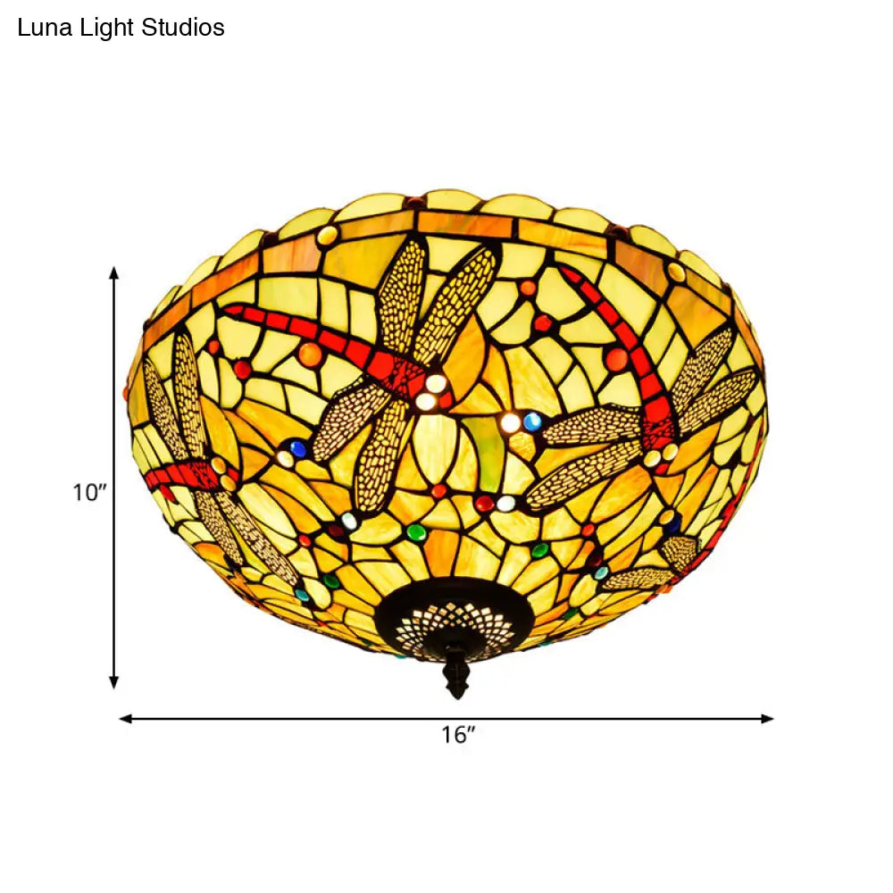 Tiffany - Style Dragonfly Cut Glass Ceiling Lamp - Bronze Flush Mount With 3 Heads Elegant Light