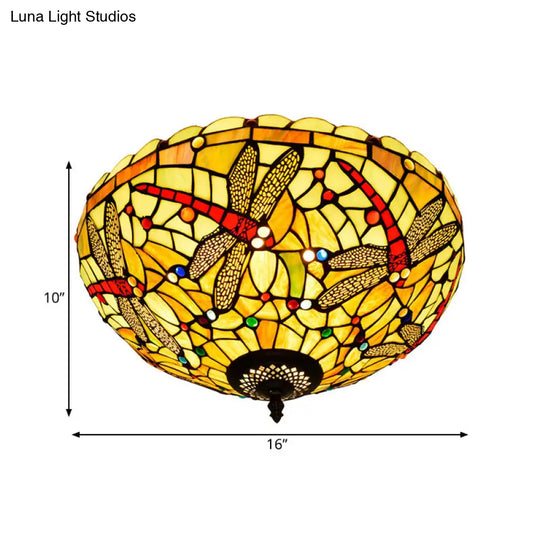 Tiffany - Style Dragonfly Cut Glass Ceiling Lamp - Bronze Flush Mount With 3 Heads Elegant Light