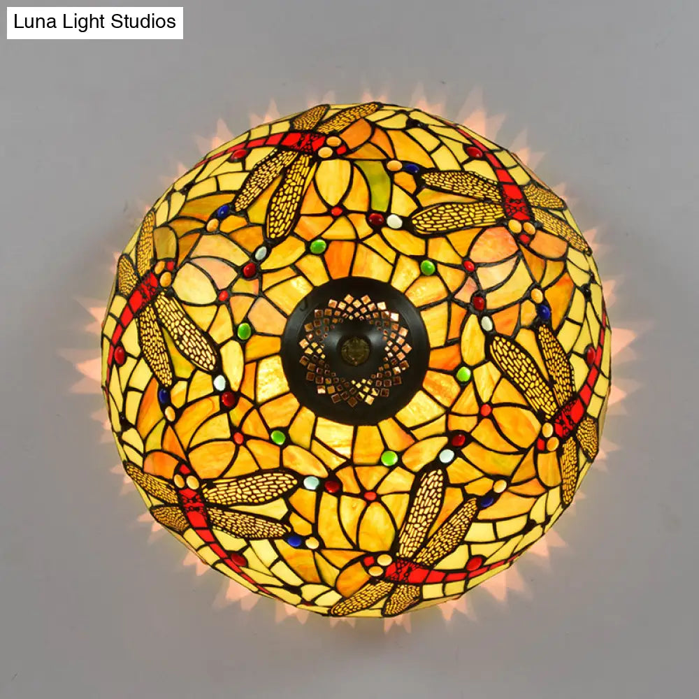 Tiffany - Style Dragonfly Cut Glass Ceiling Lamp - Bronze Flush Mount With 3 Heads Elegant Light