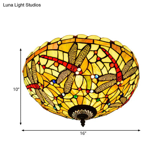 Tiffany-Style Dragonfly Cut Glass Ceiling Lamp - Bronze Flush Mount With 3 Heads Elegant Light