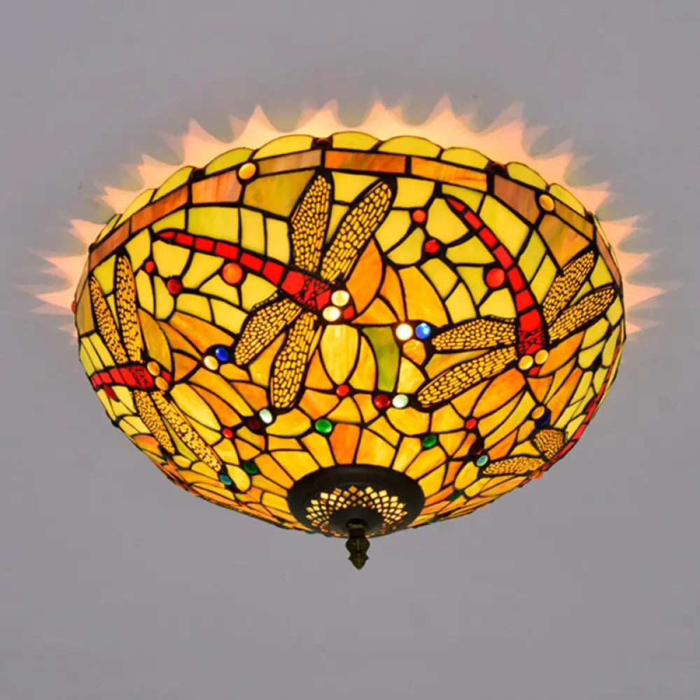 Tiffany - Style Dragonfly Cut Glass Ceiling Lamp - Bronze Flush Mount With 3 Heads Elegant Light