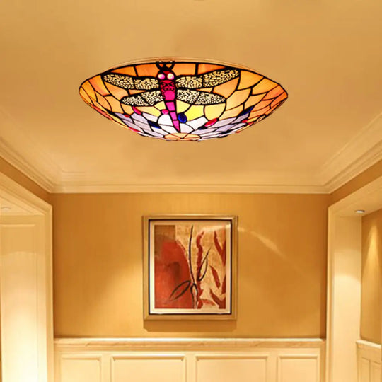 Tiffany Style Dragonfly Glass Flushmount Ceiling Light With Handcrafted Detailing - Set Of 3 Bulbs