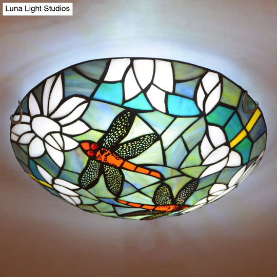 Tiffany Style Dragonfly & Lotus Cut Glass Flush Mount Ceiling Lamp