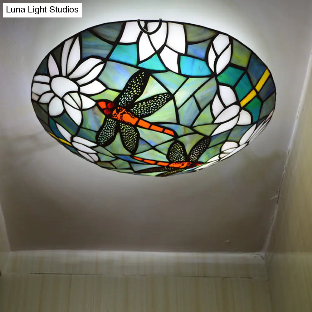 Tiffany Style Dragonfly & Lotus Cut Glass Flush Mount Ceiling Lamp