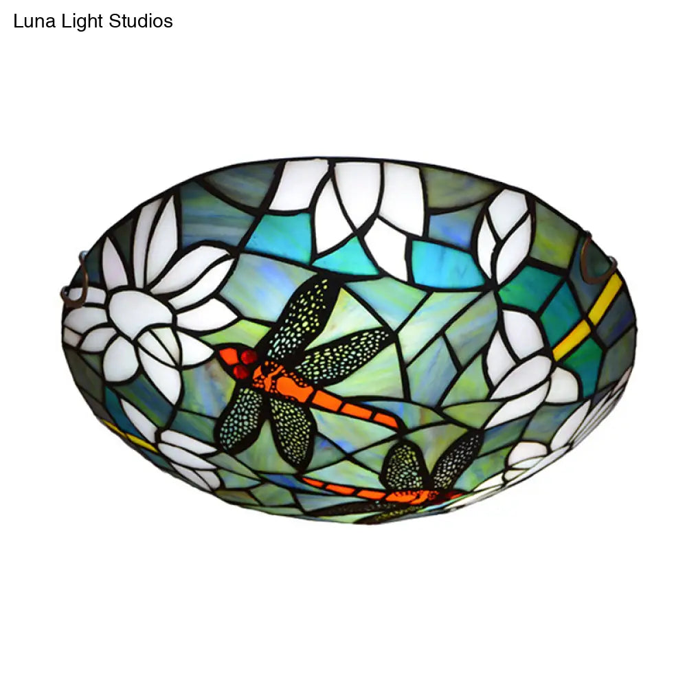 Tiffany Style Dragonfly & Lotus Cut Glass Flush Mount Ceiling Lamp