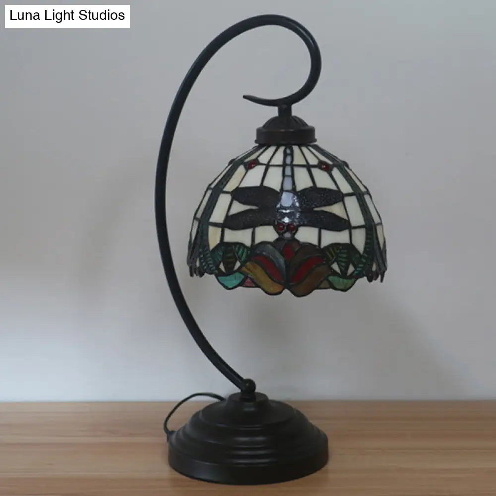 Tiffany Style Dragonfly Patterned Desk Lamp With Stained Glass Dome Shade